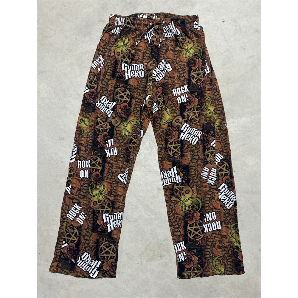 Guitar Hero Pajama Pants Men's SZ M Brown Graphic Print Gamer Lounge Sleep Band
